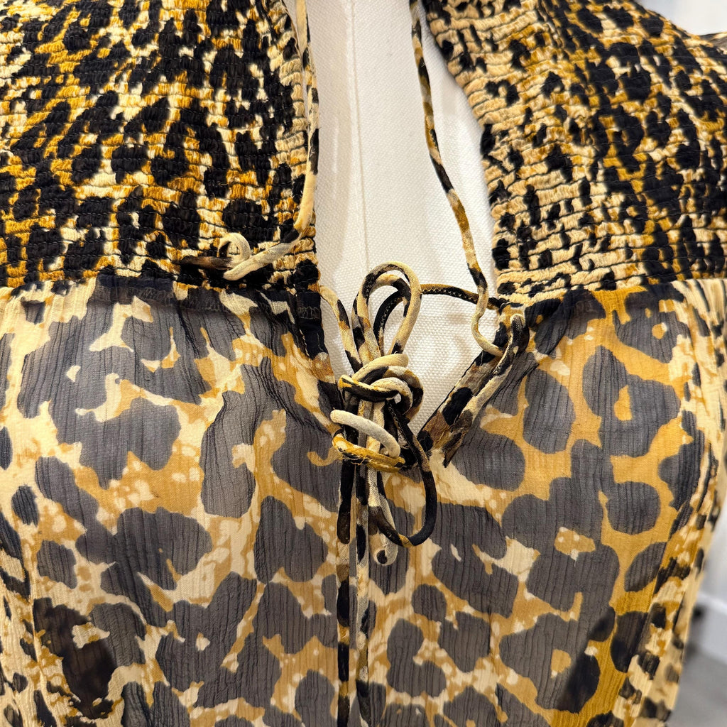 Free People Lover's Lane Leopard Blouse Size XS/S | Smocked Animal Print Top Ruffle Shoulder Sheer Boho