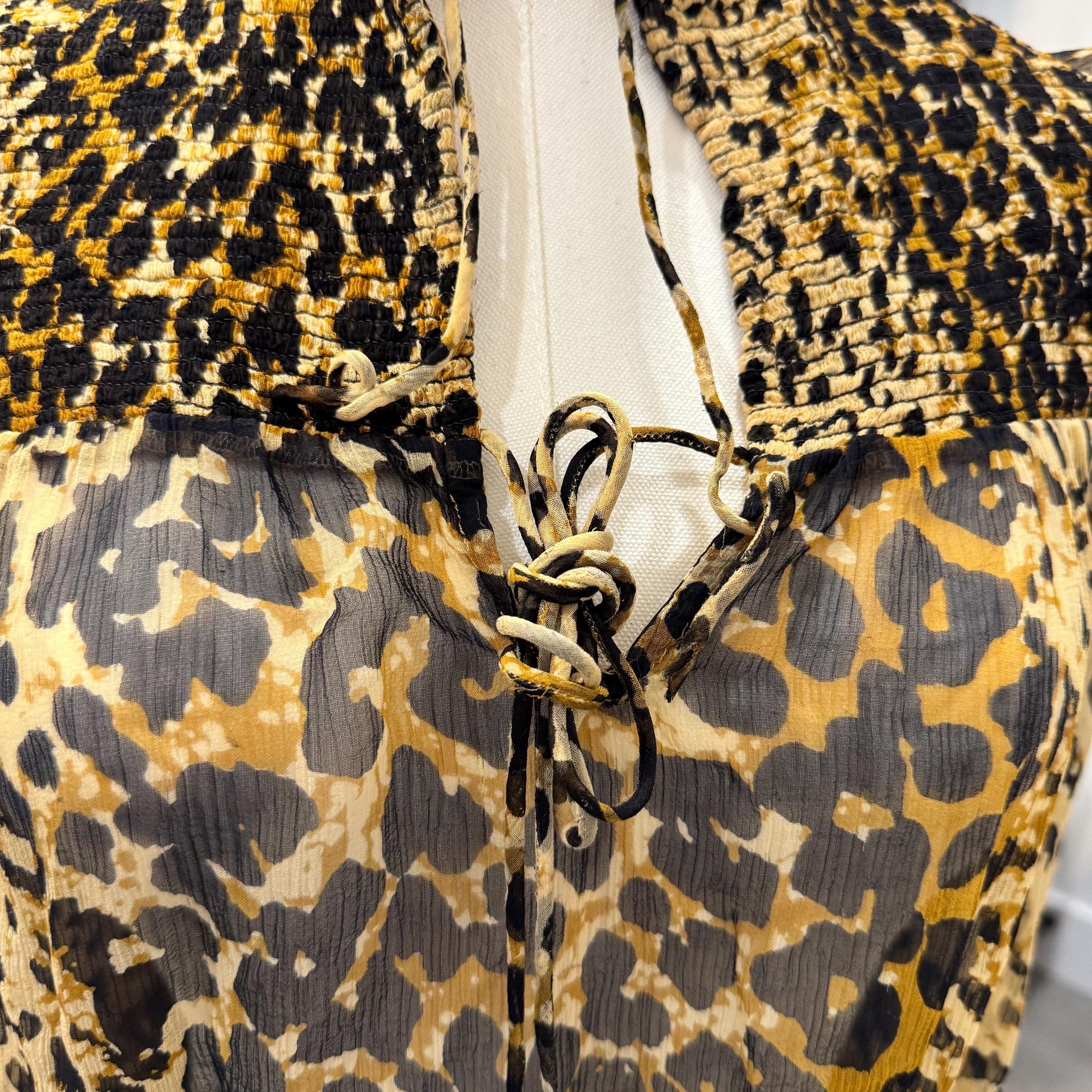 Free People Lover's Lane Leopard Blouse Size XS/S | Smocked Animal Print Top Ruffle Shoulder Sheer Boho