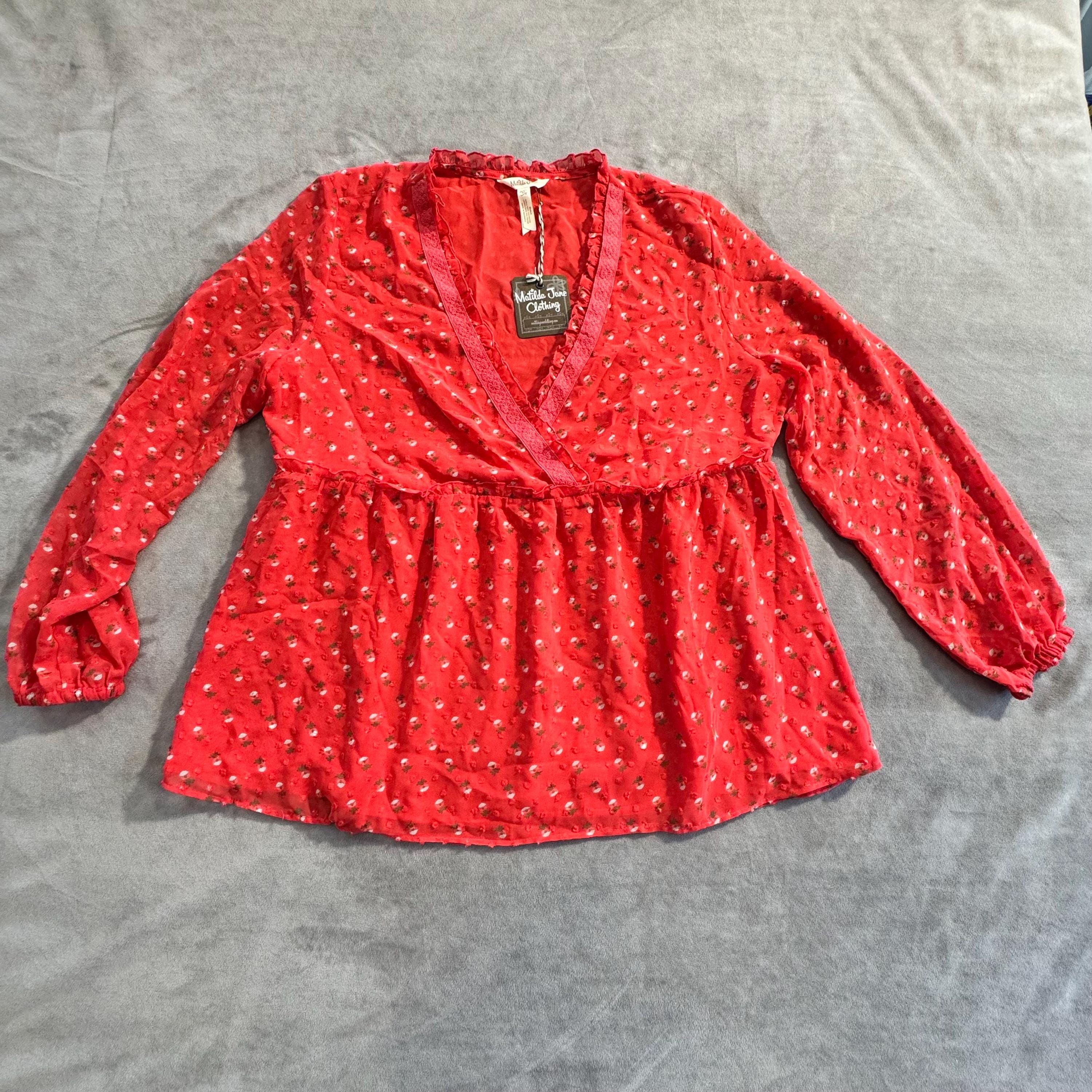 Matilda Jane NWT Red Floral Peplum Blouse Women’s Top Long Sleeve Lace Trim Empire Waist Size M