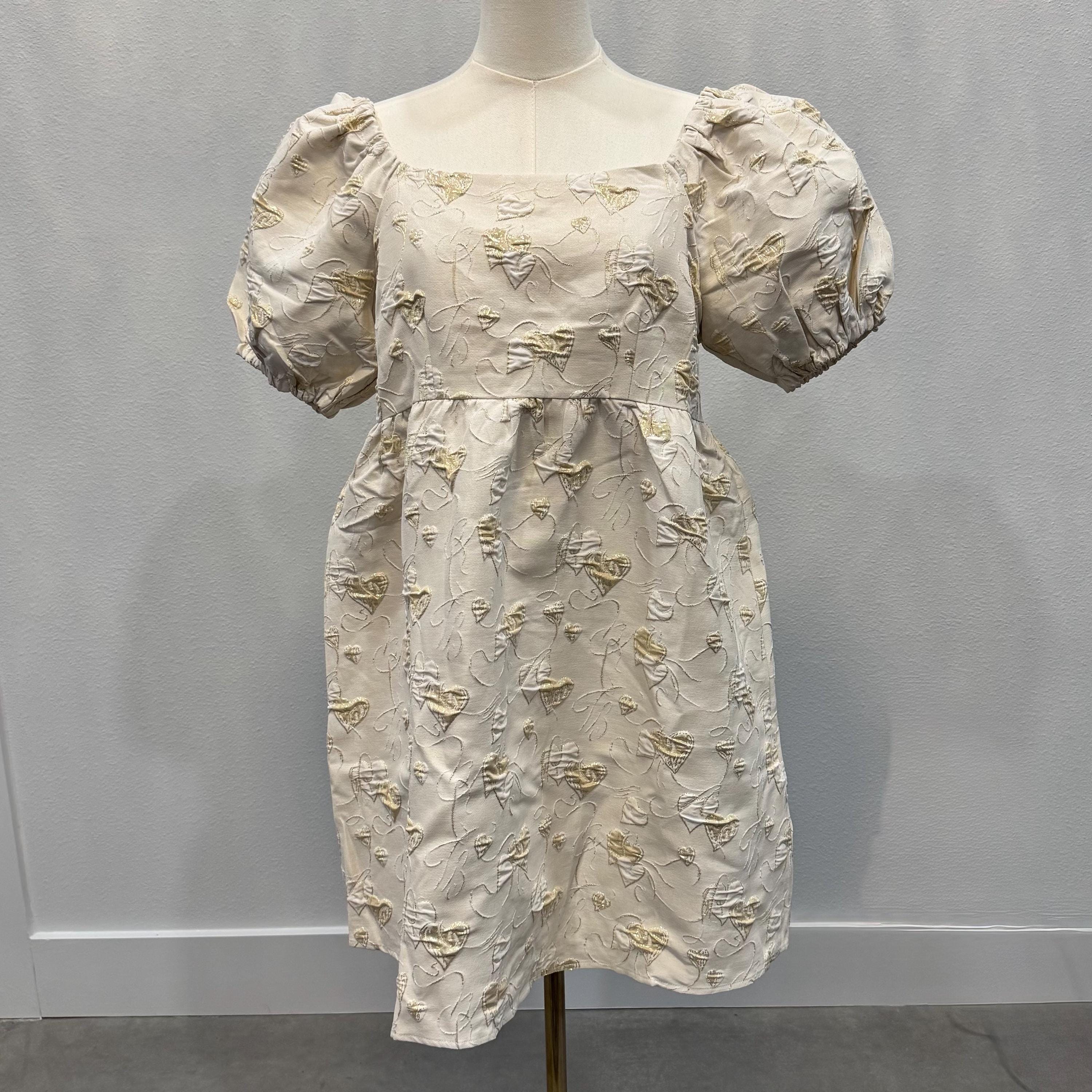 Umgee Heart Pattern Babydoll Dress Size Large NWT | Valentine’s Day Puff Sleeve Square Neck Cream Romantic Dress