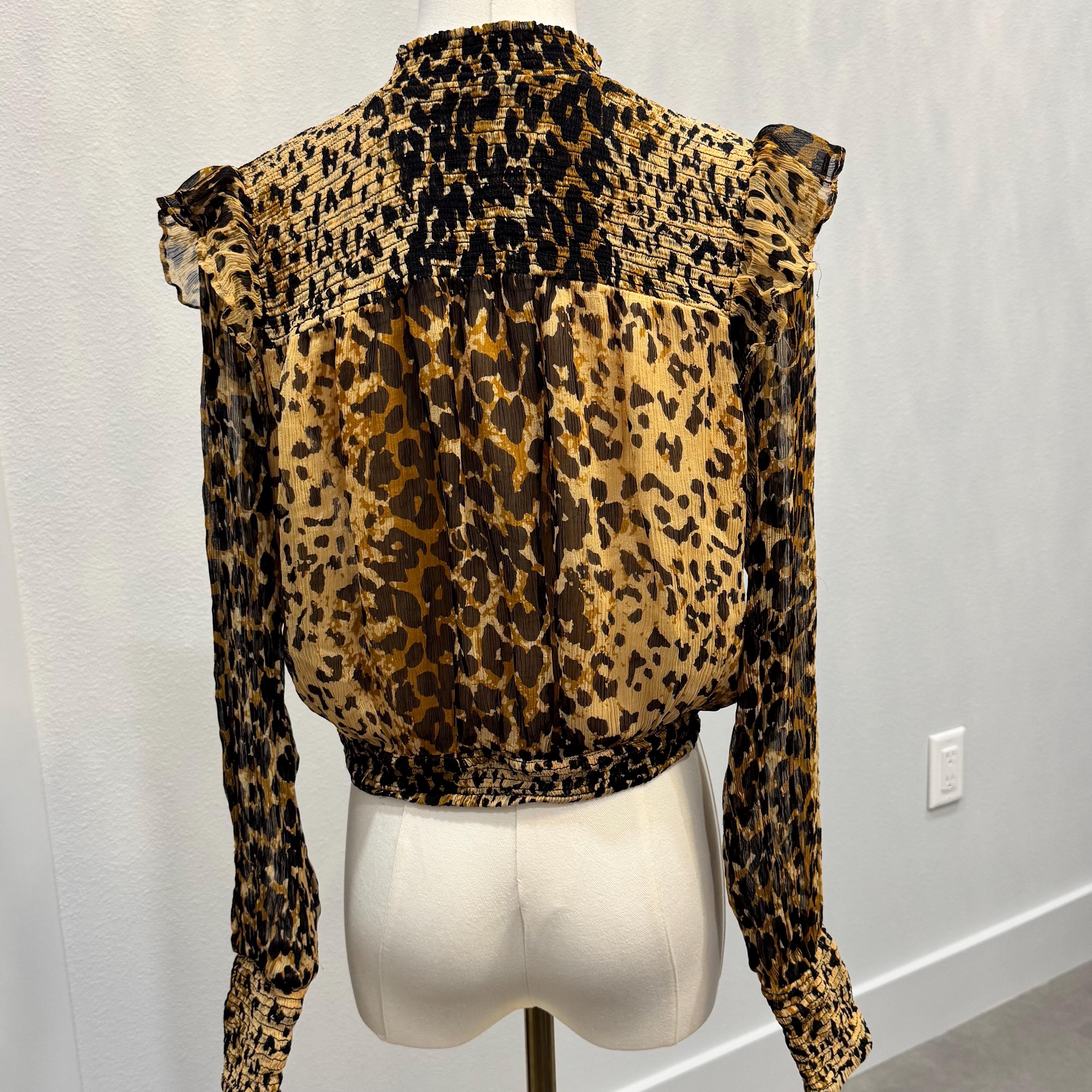 Free People Lover's Lane Leopard Blouse Size XS/S | Smocked Animal Print Top Ruffle Shoulder Sheer Boho