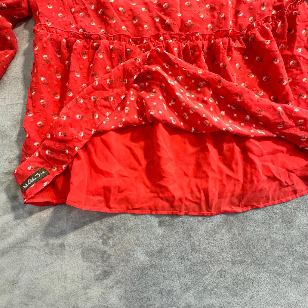 Matilda Jane NWT Red Floral Peplum Blouse Women’s Top Long Sleeve Lace Trim Empire Waist Size M