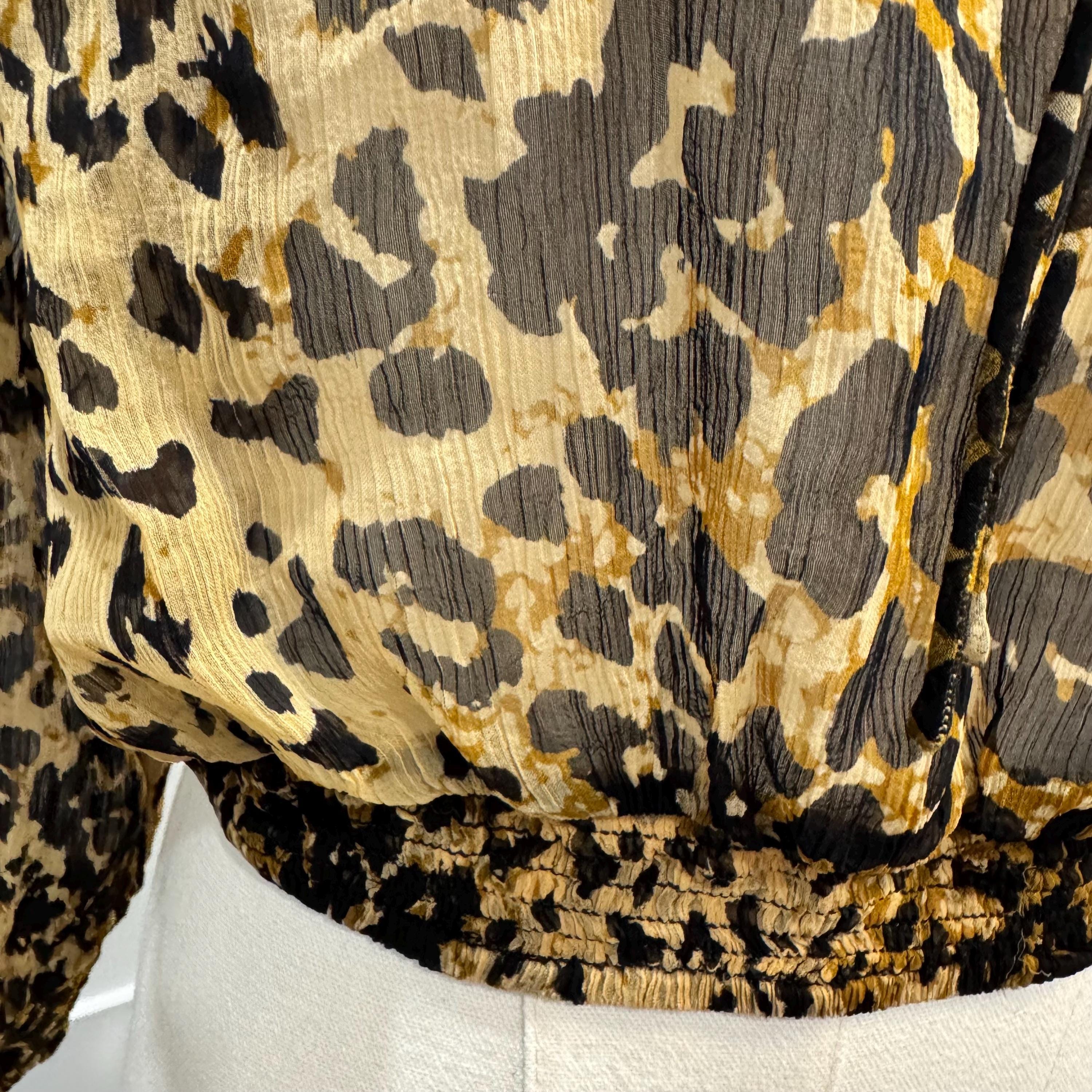 Free People Lover's Lane Leopard Blouse Size XS/S | Smocked Animal Print Top Ruffle Shoulder Sheer Boho
