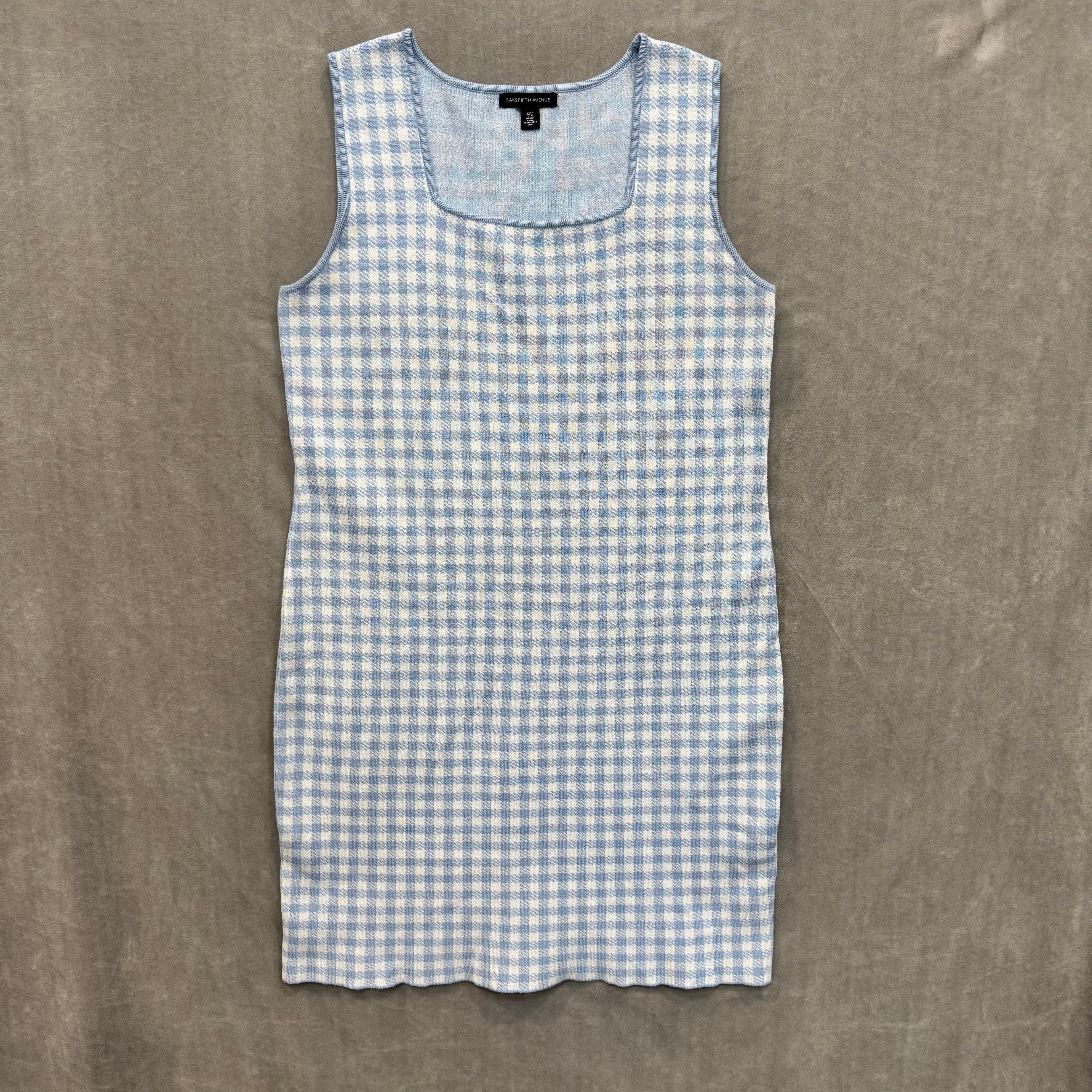 Saks Fifth Avenue Blue & White Gingham Knit Sleeveless Mini Dress - Size Large
