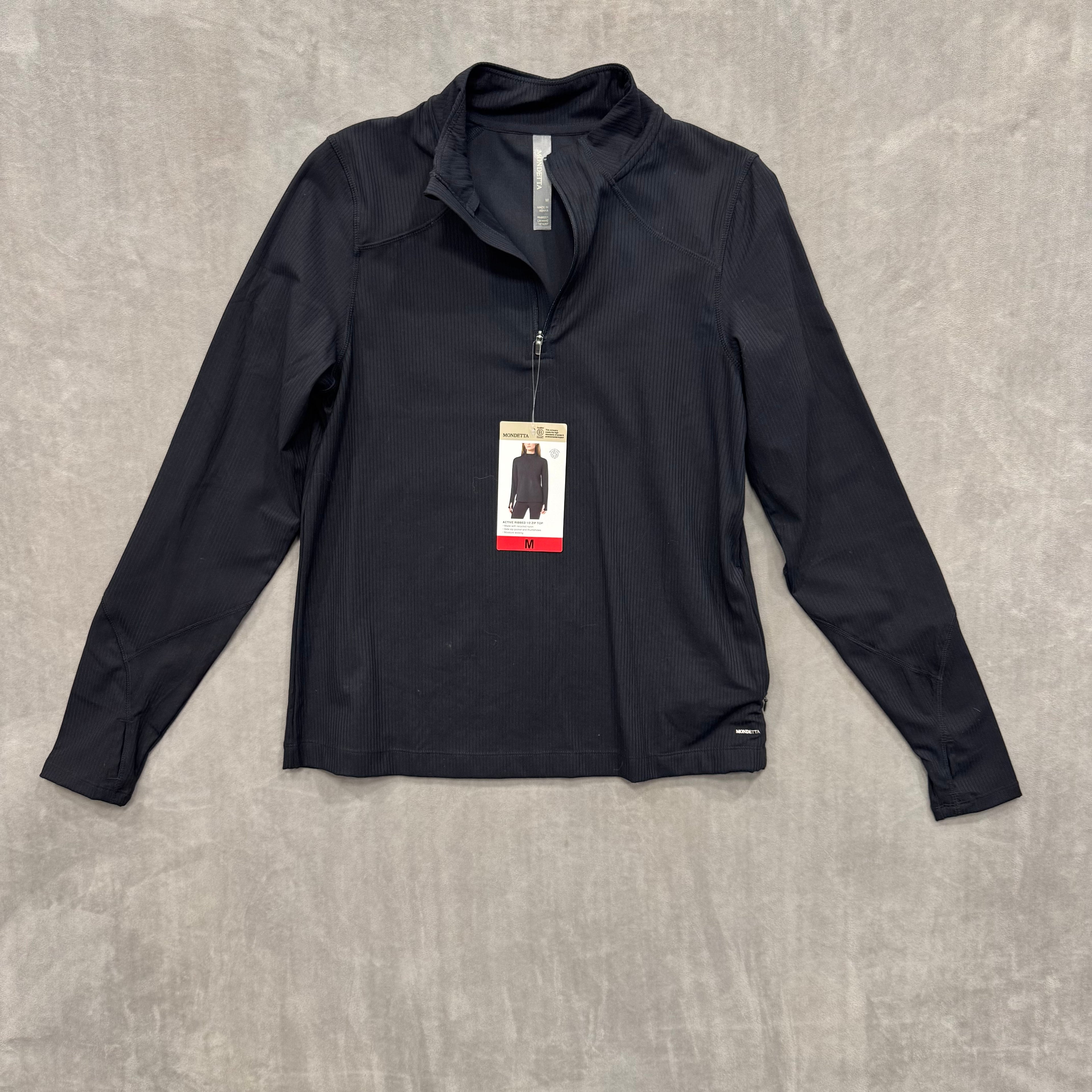 Mondetta Active Ribbed 1/2 Zip Performance Top with Thumbholes - NWT - Black - Medium