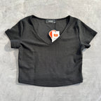 NWT Cider Women's Size XS Black Ribbed V-Neck Short Sleeve Crop Top