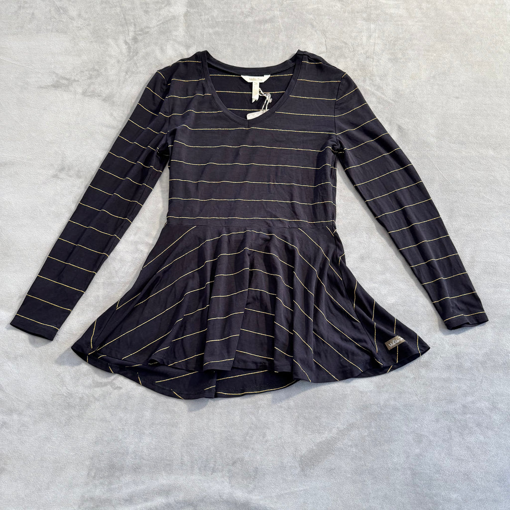 NWT Matilda Jane Women's Size XS Black & Gold Metallic Striped Long Sleeve Peplum Top