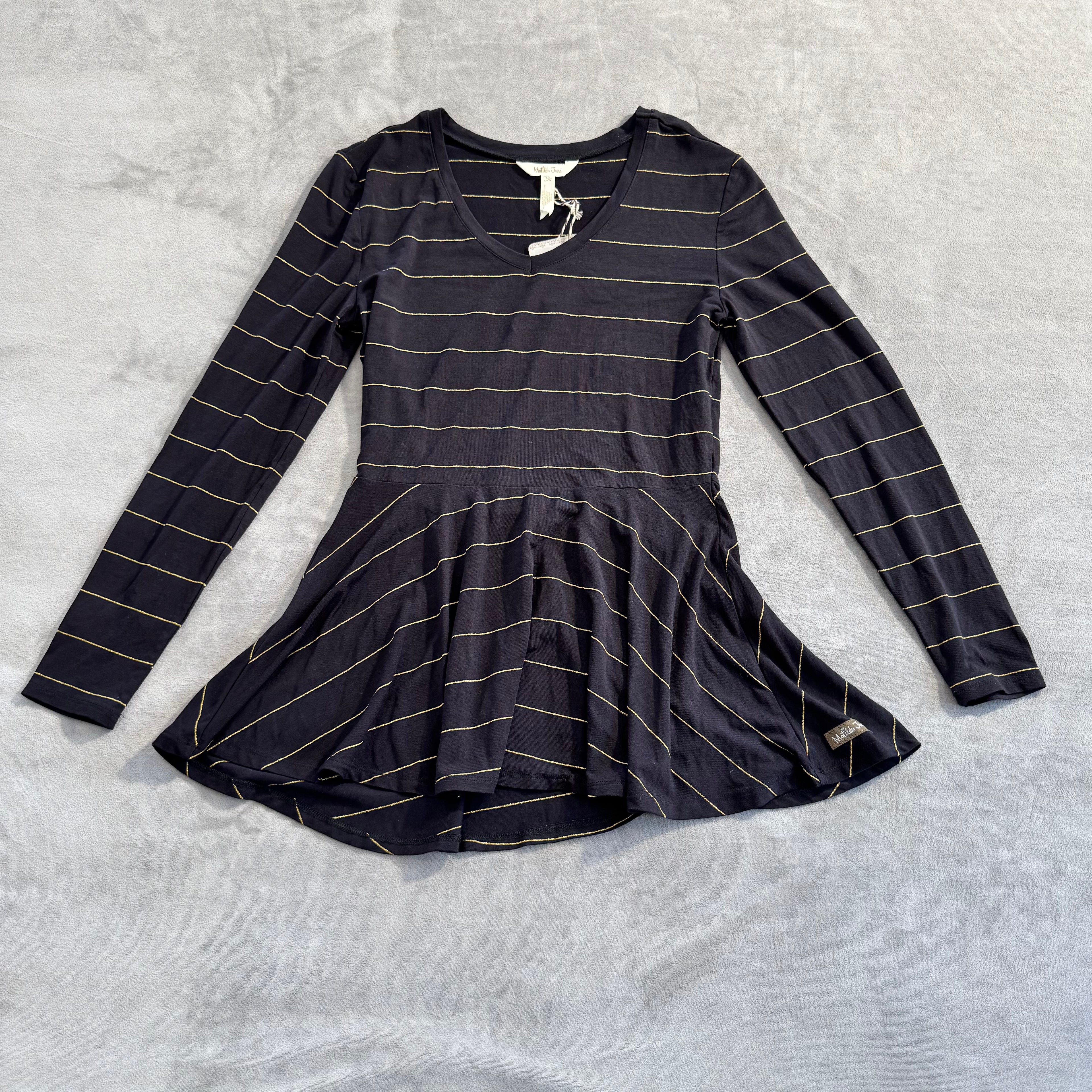 NWT Matilda Jane Women's Size XS Black & Gold Metallic Striped Long Sleeve Peplum Top
