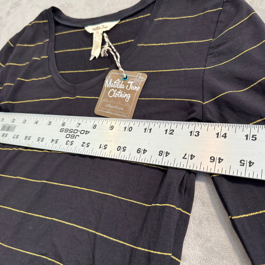 NWT Matilda Jane Women's Size XS Black & Gold Metallic Striped Long Sleeve Peplum Top
