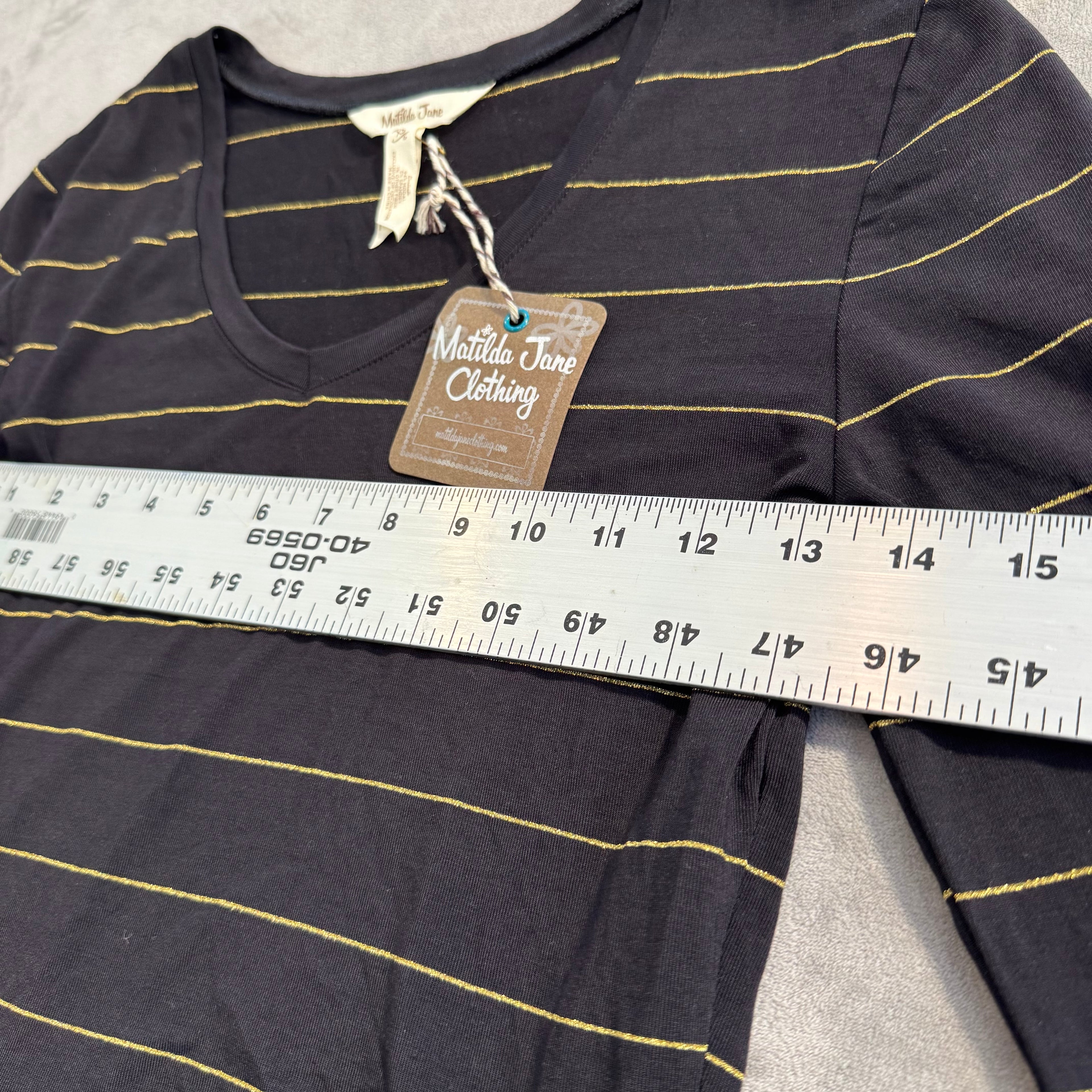 NWT Matilda Jane Women's Size XS Black & Gold Metallic Striped Long Sleeve Peplum Top