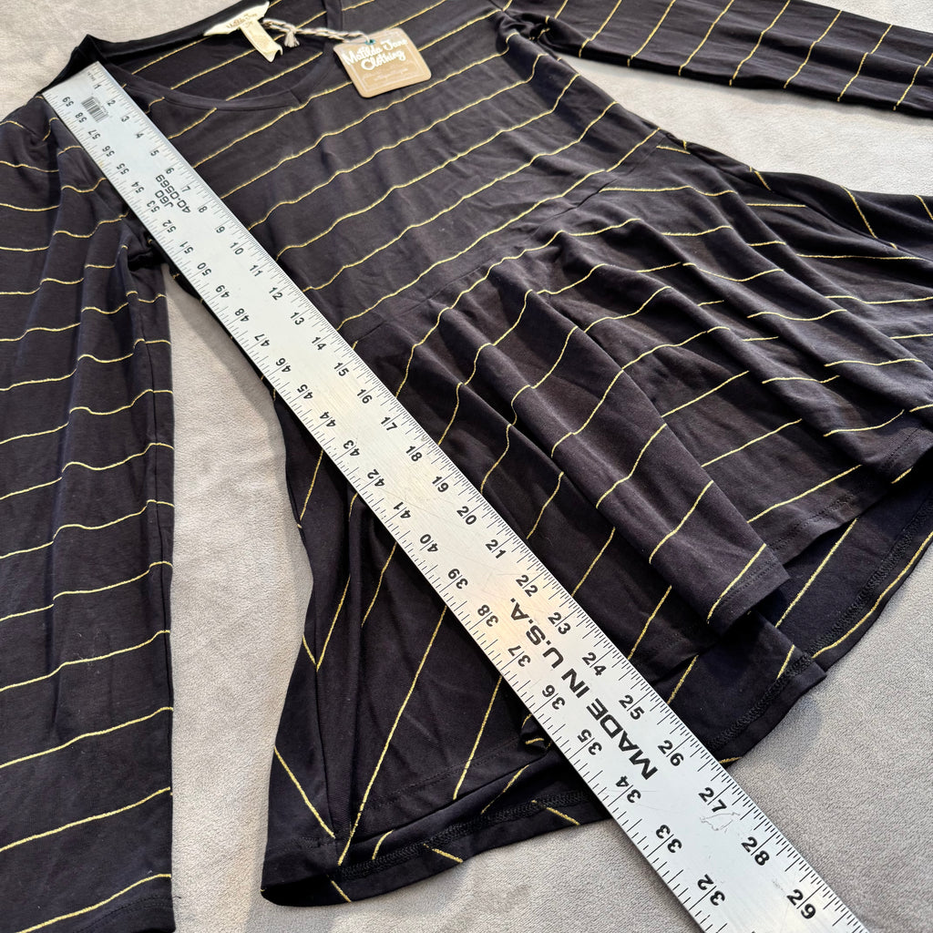 NWT Matilda Jane Women's Size XS Black & Gold Metallic Striped Long Sleeve Peplum Top