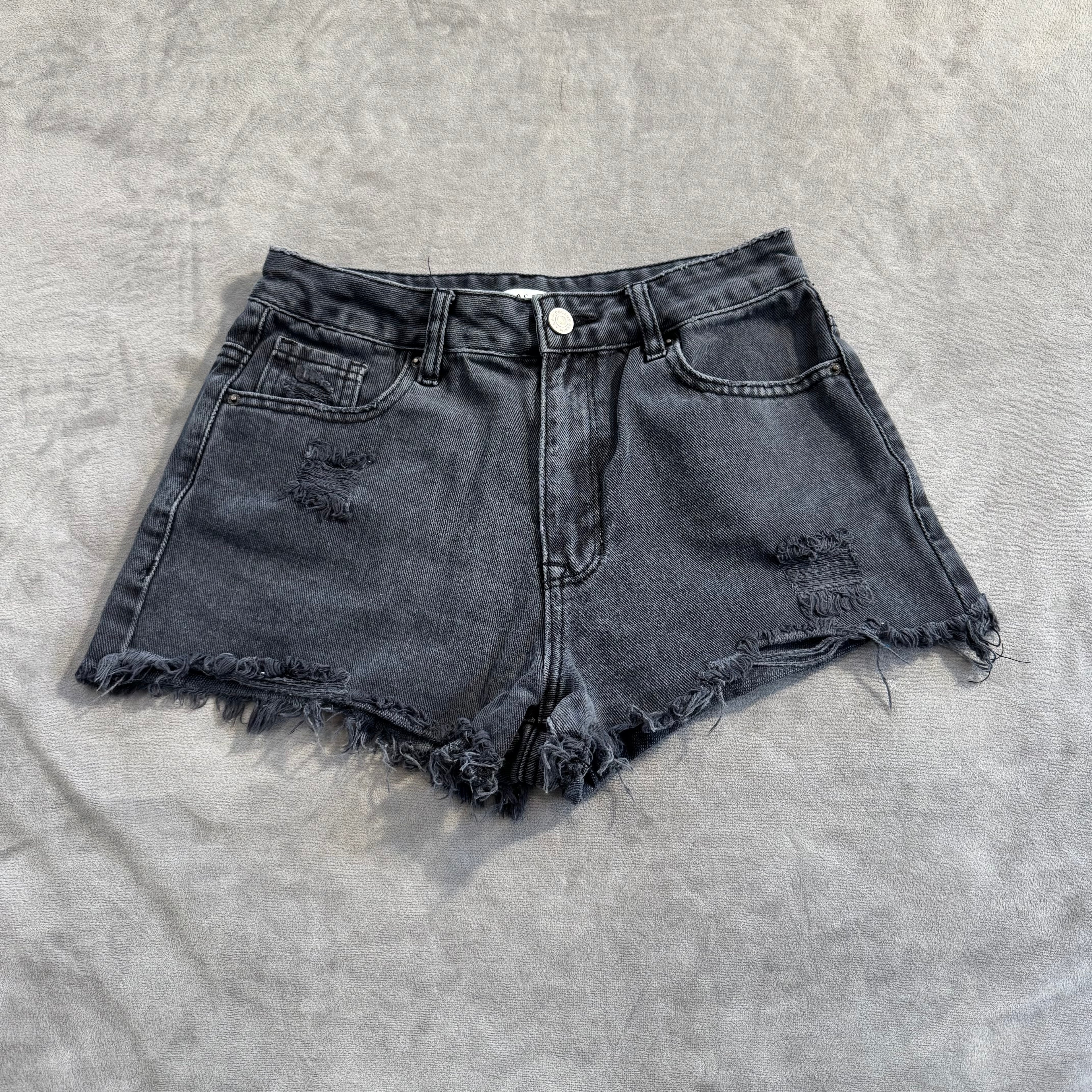 PacSun High Rise Festival Denim Shorts – Distressed Black Wash, Raw Hem – Women's Size 25