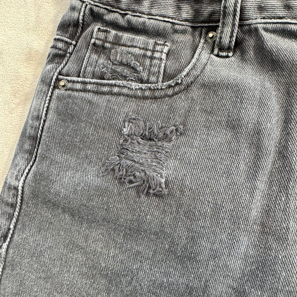 PacSun High Rise Festival Denim Shorts – Distressed Black Wash, Raw Hem – Women's Size 25