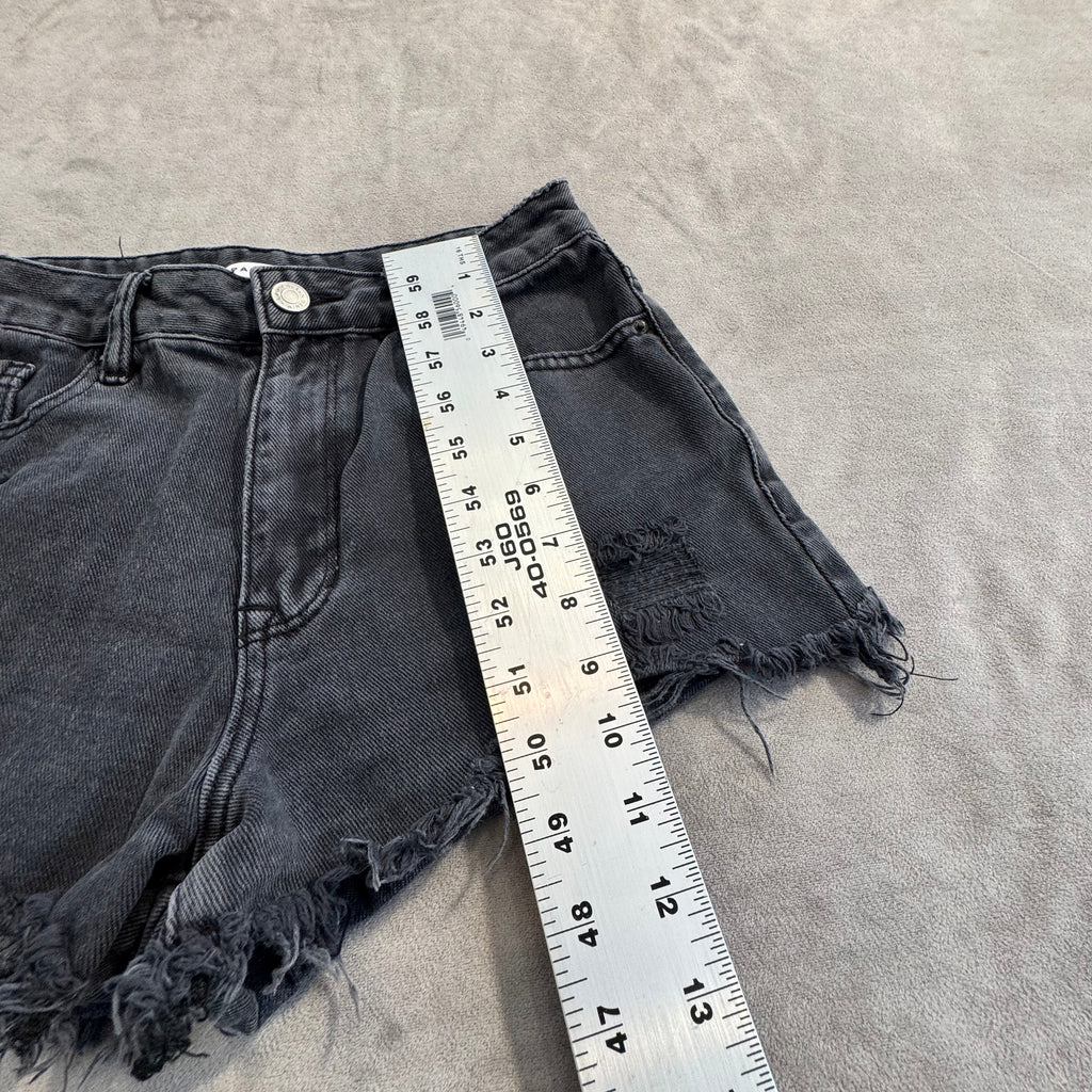 PacSun High Rise Festival Denim Shorts – Distressed Black Wash, Raw Hem – Women's Size 25