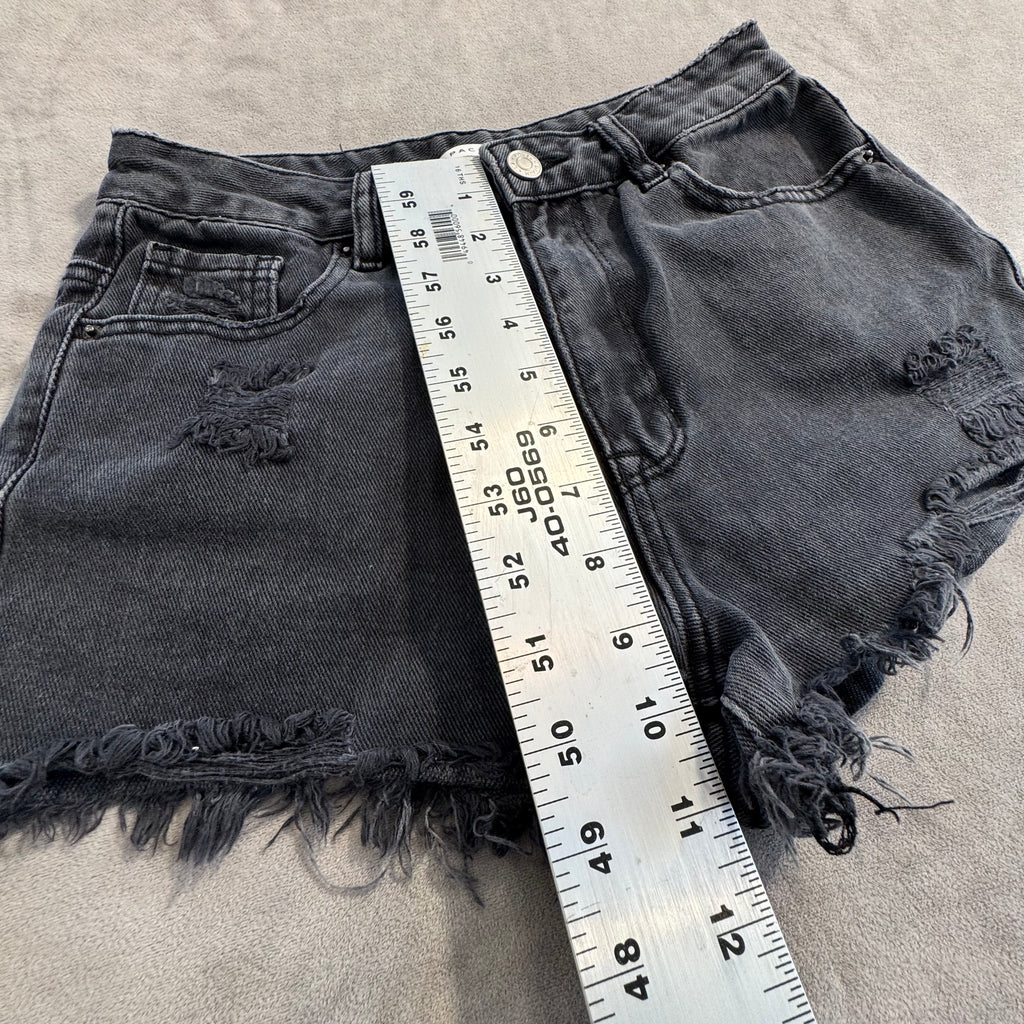 PacSun High Rise Festival Denim Shorts – Distressed Black Wash, Raw Hem – Women's Size 25