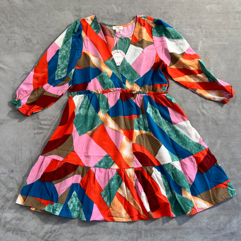 UMGEE Abstract Geometric Print Tiered Mini Dress - Boho V-Neck - Size Small-NWT