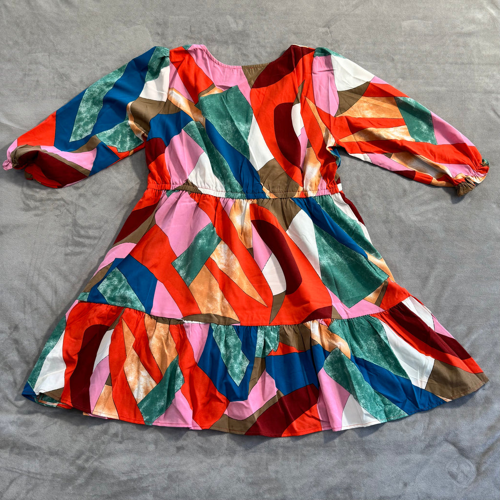 UMGEE Abstract Geometric Print Tiered Mini Dress - Boho V-Neck - Size Small-NWT