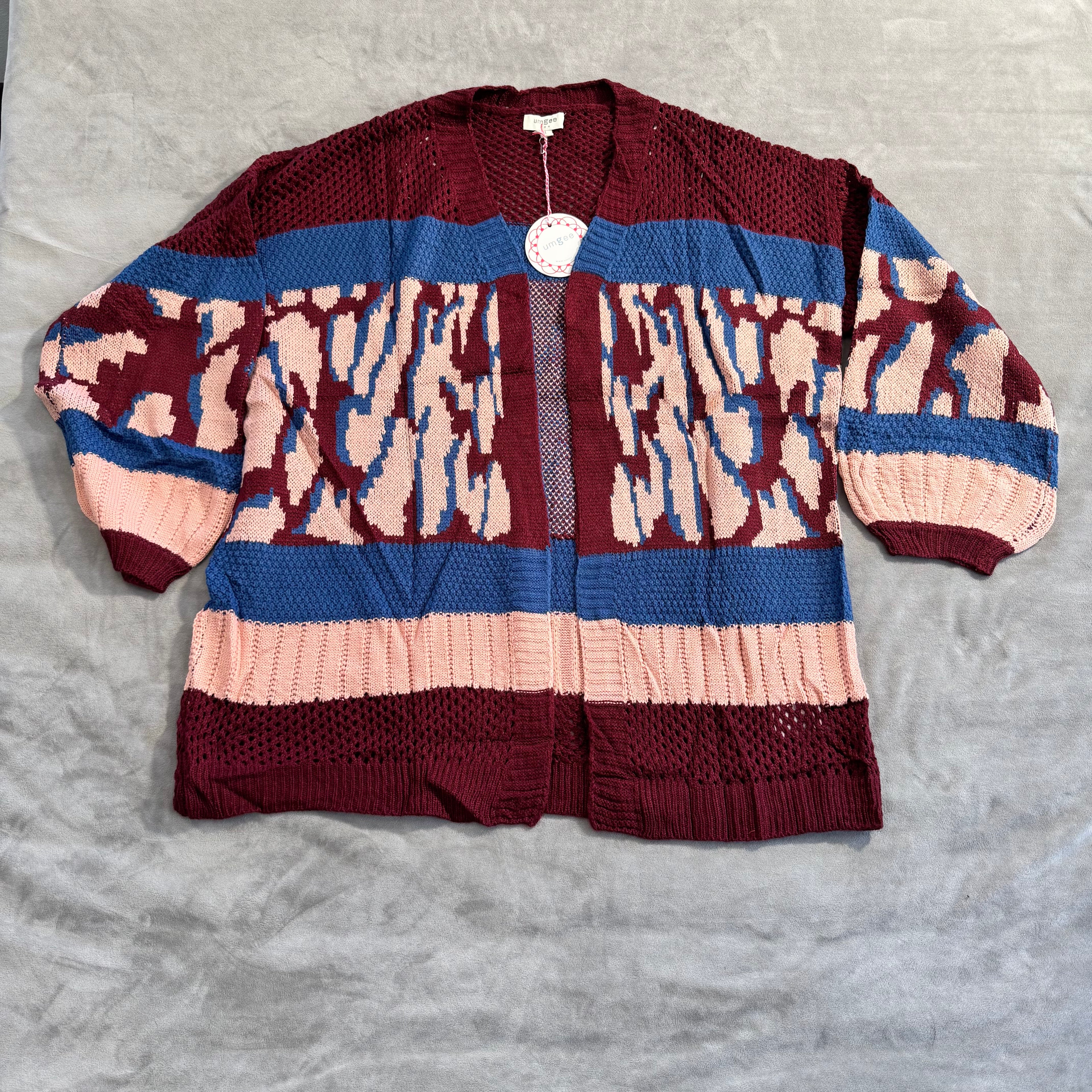 NWT Umgee Boho Colorblock Knit Cardigan – Oversized Open Front Sweater – Women's Size Large