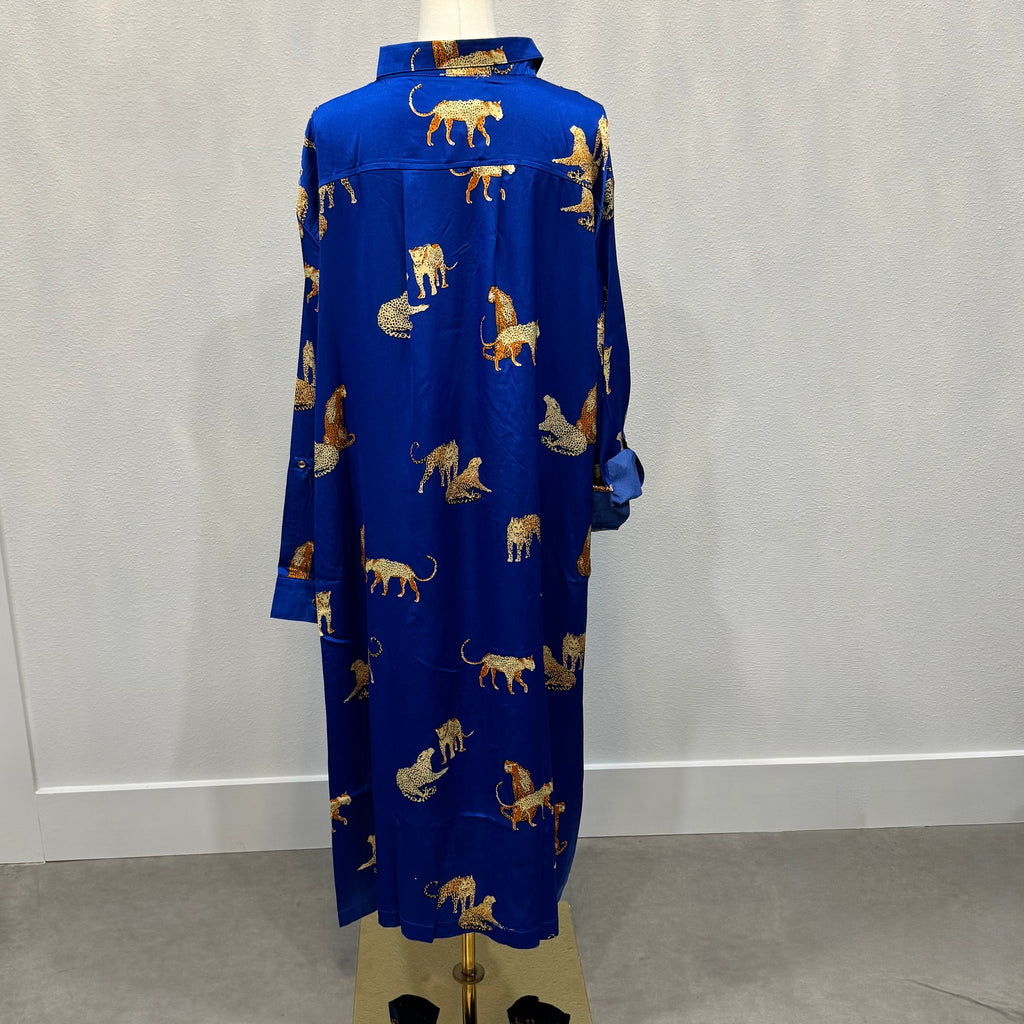 NWT Umgee Blue Cheetah Print Long Shirt Dress – Button Down Satin Tunic (1XL)