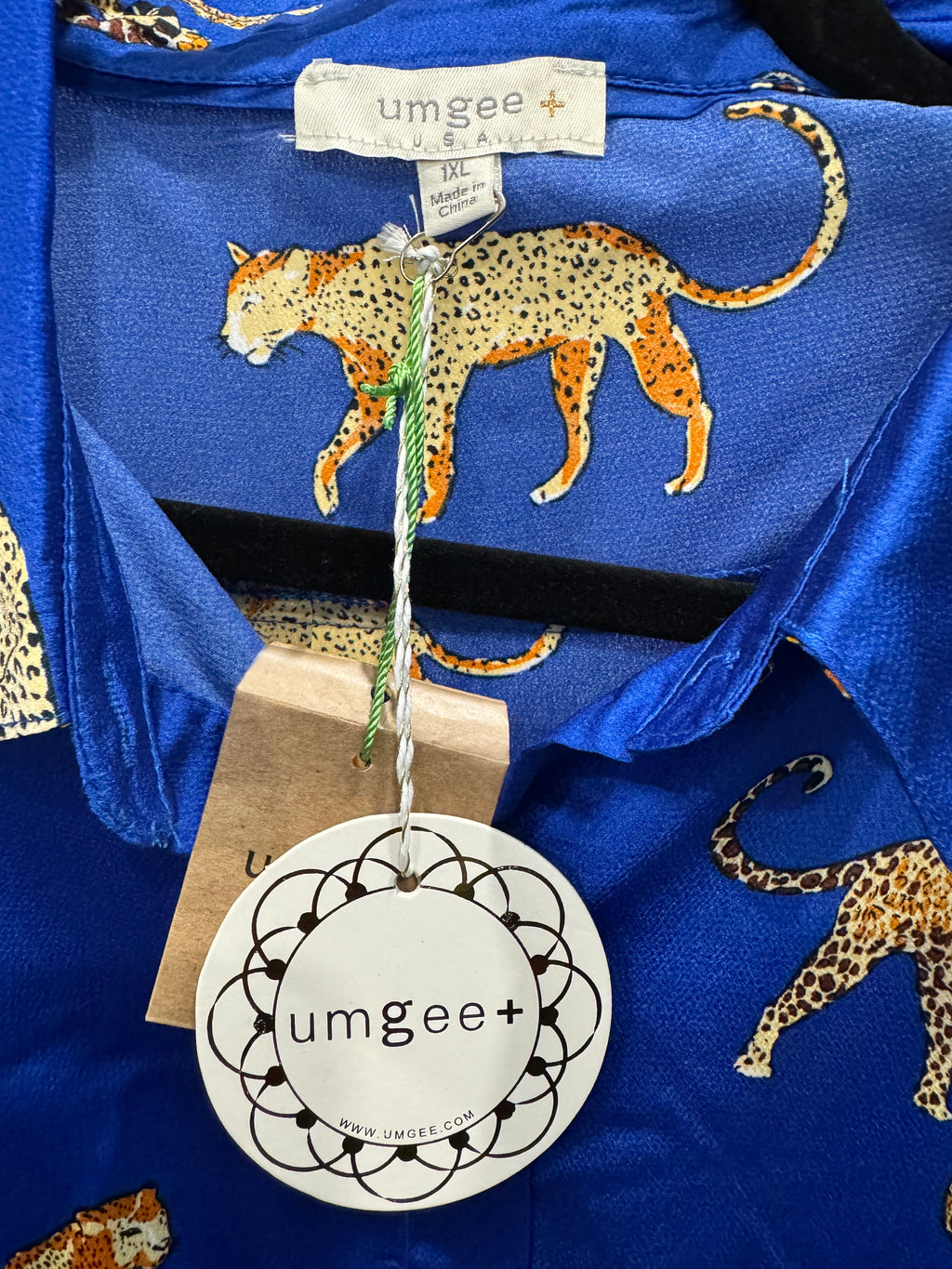 NWT Umgee Blue Cheetah Print Long Shirt Dress – Button Down Satin Tunic (1XL)