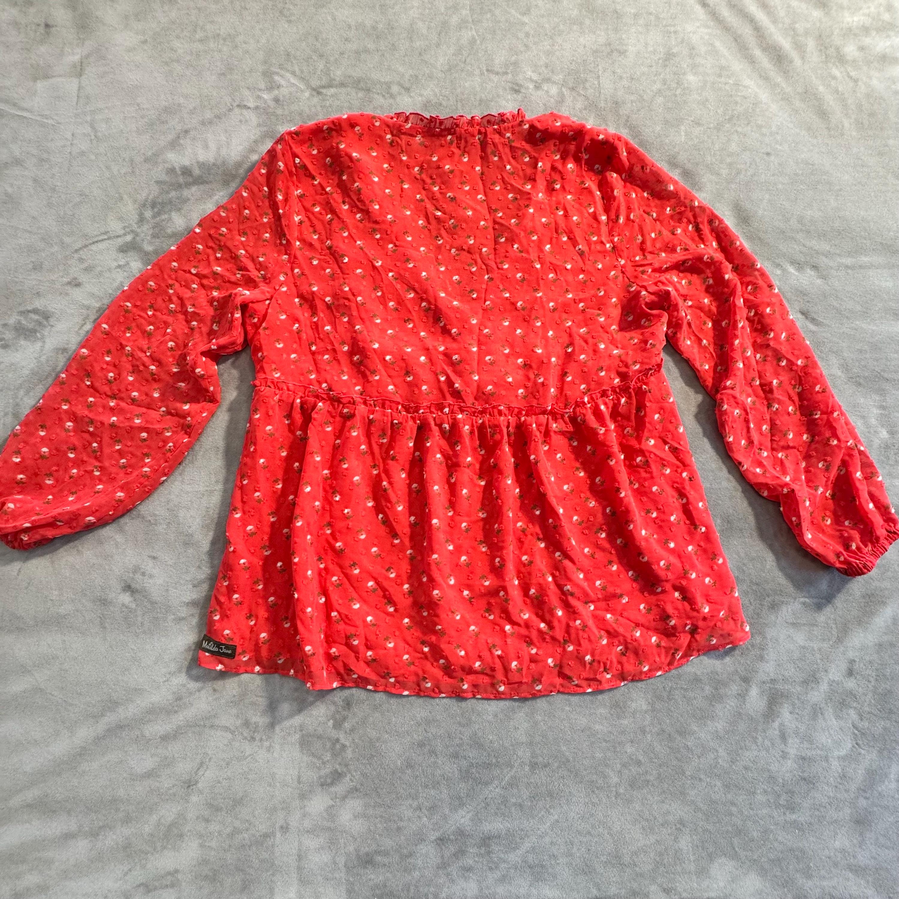 Matilda Jane NWT Red Floral Peplum Blouse Women’s Top Long Sleeve Lace Trim Empire Waist Size M