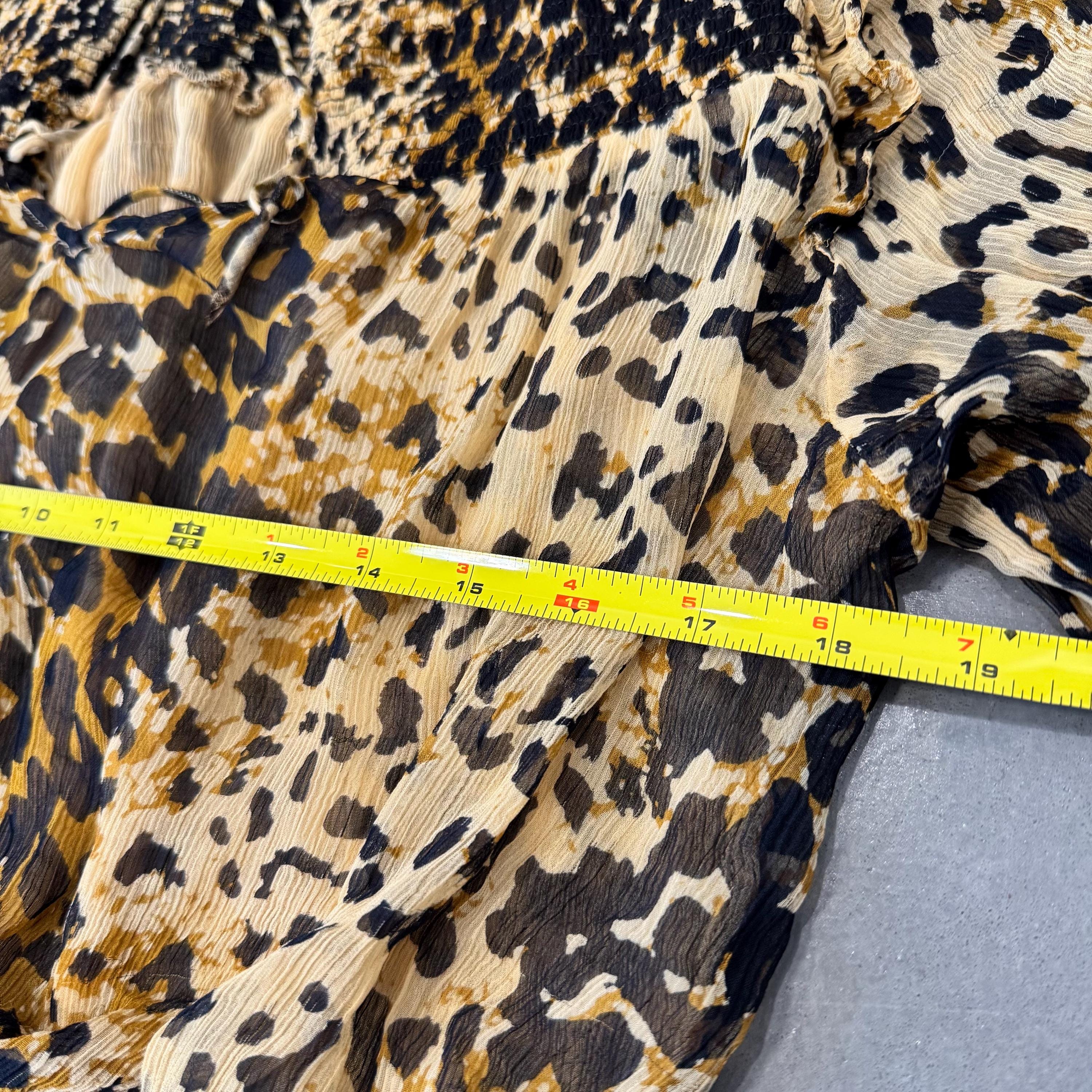 Free People Lover's Lane Leopard Blouse Size XS/S | Smocked Animal Print Top Ruffle Shoulder Sheer Boho