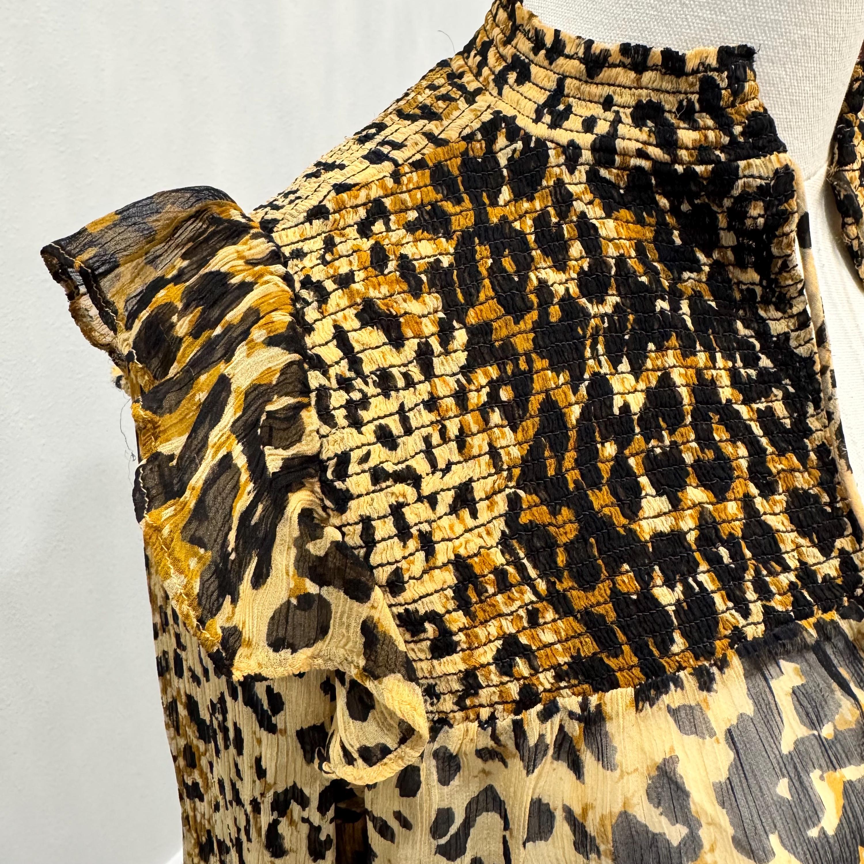 Free People Lover's Lane Leopard Blouse Size XS/S | Smocked Animal Print Top Ruffle Shoulder Sheer Boho