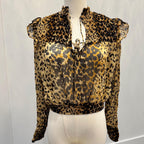 Free People Lover's Lane Leopard Blouse Size XS/S | Smocked Animal Print Top Ruffle Shoulder Sheer Boho